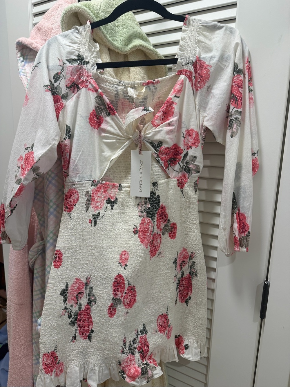 LoveShackFancy White Floral Tie-Front Smocked Tunic with Pink Roses